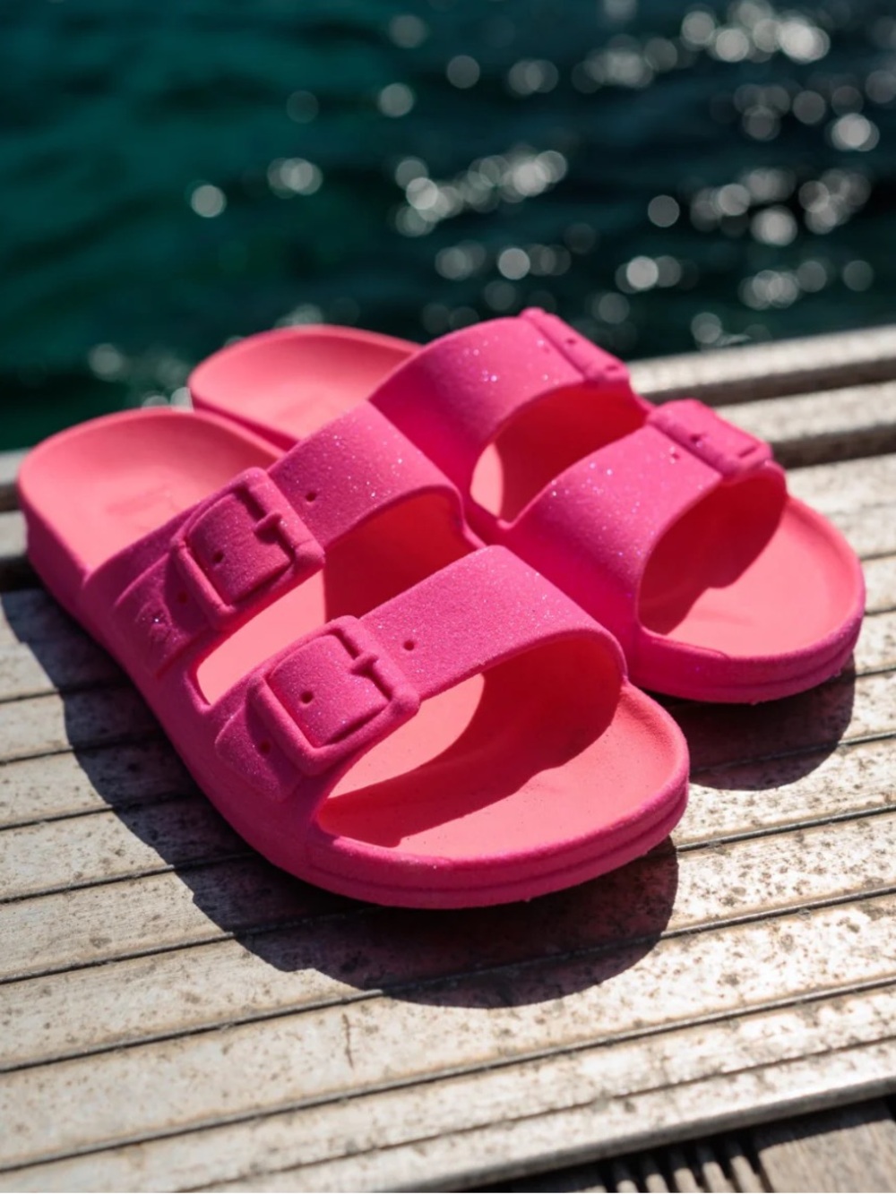 Cacatoes Girls Neon Pink Glitter Birkenstock style Slip On Sandals, size 2/3
